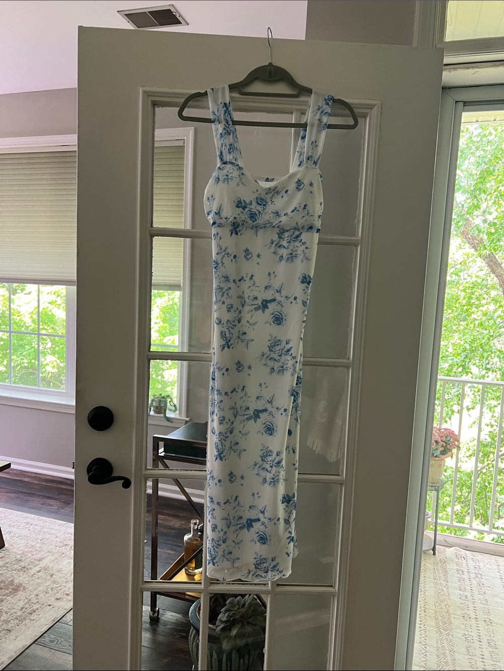 White and Blue Floral Midi Dress - Sleeveless Square Neck